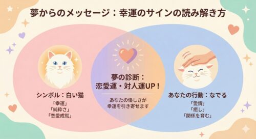 夢占い図解：白い猫をなでる夢の意味。白い猫（幸運・純粋さ）となでる行動（愛情・癒し）が組み合わさり、恋愛運・対人運がアップすることを示すインフォグラフィック