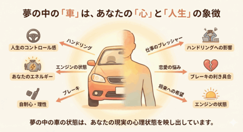 夢占いにおける車と自己の象徴関係を示したインフォグラフィック。車が人生のコントロールを、エンジンがエネルギーを、ブレーキが理性を象徴していることを解説しています。