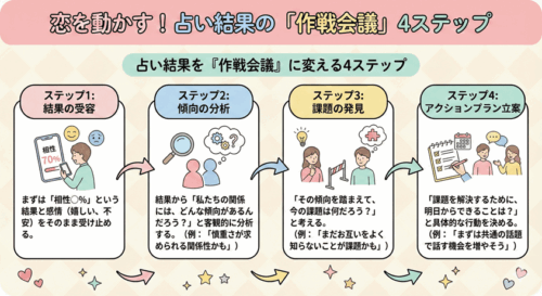 占い結果を作戦会議に変える4ステップのフロー図。結果の受容、傾向の分析、課題の発見、アクションプラン立案という流れを示しています。
